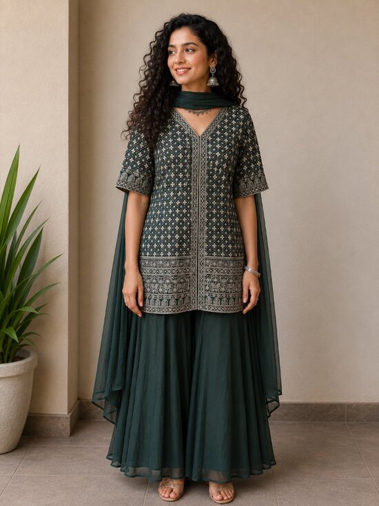Dresses & Skirts - Dark Green Embroidered Kurta Set with Palazzo & Dupatta | Women's Indian Ethnic